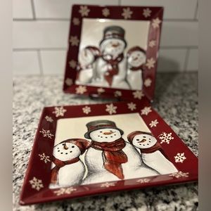 St. Nicholas Square Yuletide Snowmen platters Red White Christmas Holiday Plates
